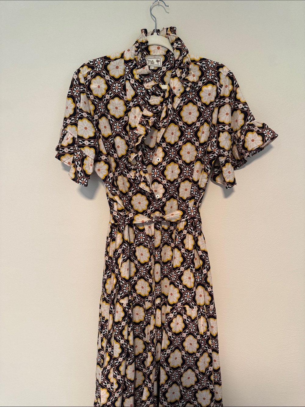 Midi Dress in Black, Yellow & Cream Geometric Floral Print